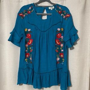 Umgee Blue and Red Flutter Sleeve Ruffled Blouse